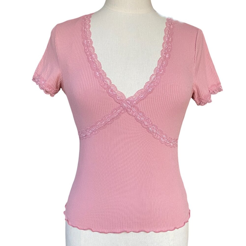 NoBo Y2K Ribbed Lace Trim Baby Tee Pink Coquette Fairycore Fitted-Feminine-M